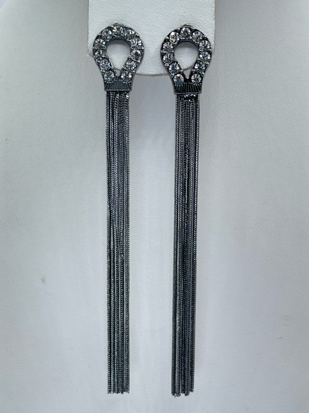 Gunmetal Crystal Fringe Tassel Dangle Earrings Statement Glam